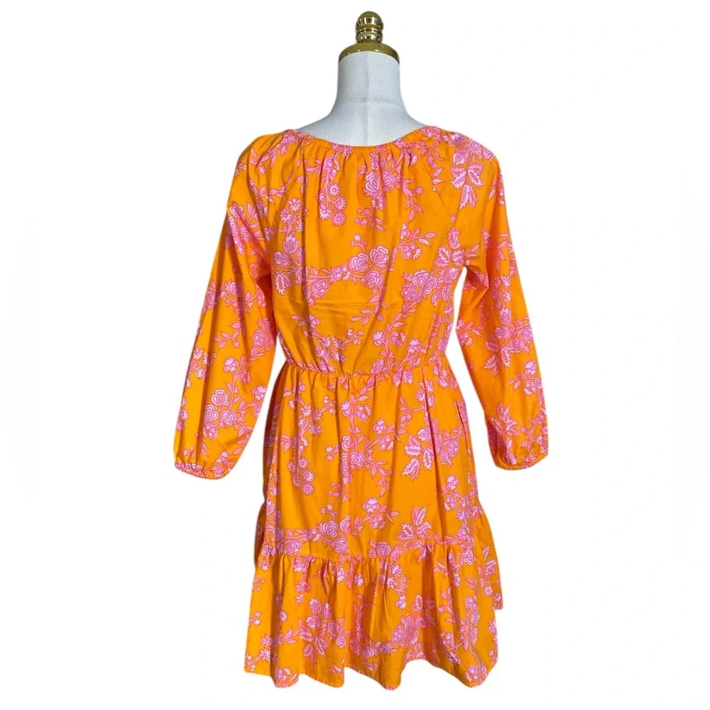 J. Crew Women Orange Pink Floral Scoop-Neck Tiered 100% Cotton Mini Dress Size 6 - Picture 5 of 8